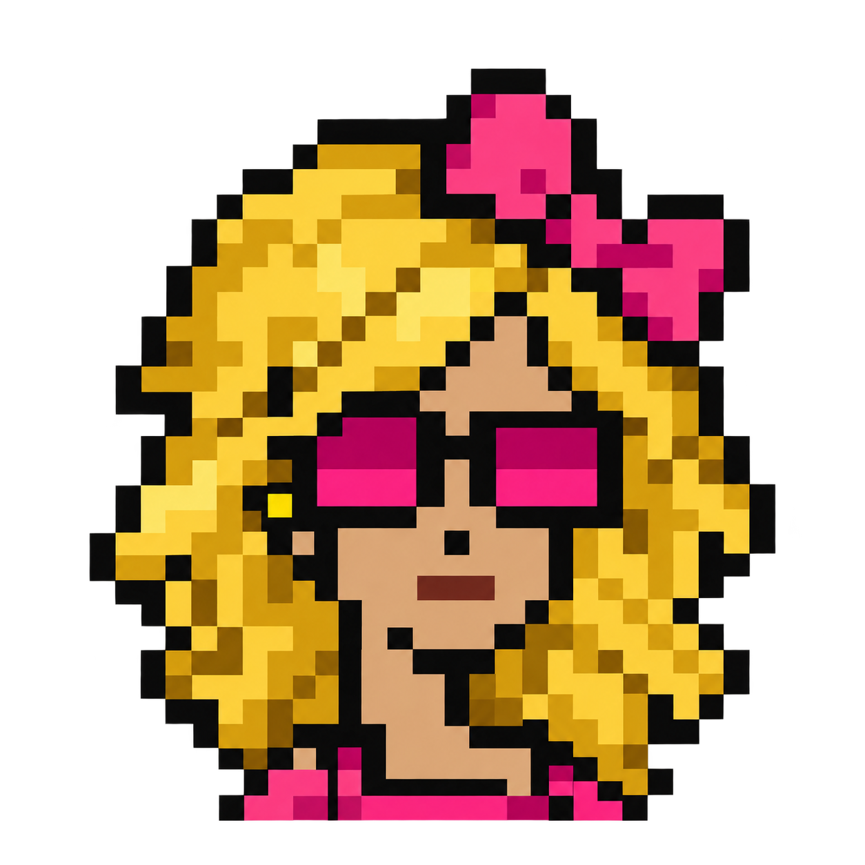 PUNKETTES mascot: pixel girl with blonde curls, a pink bow and pink shades